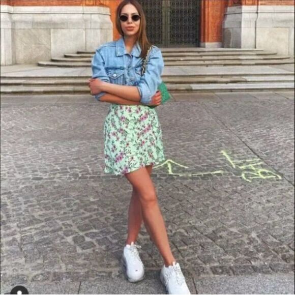 Zara Green and Pink Floral Satin Effect Mini Slip Dress Size L - Picture 3 of 15